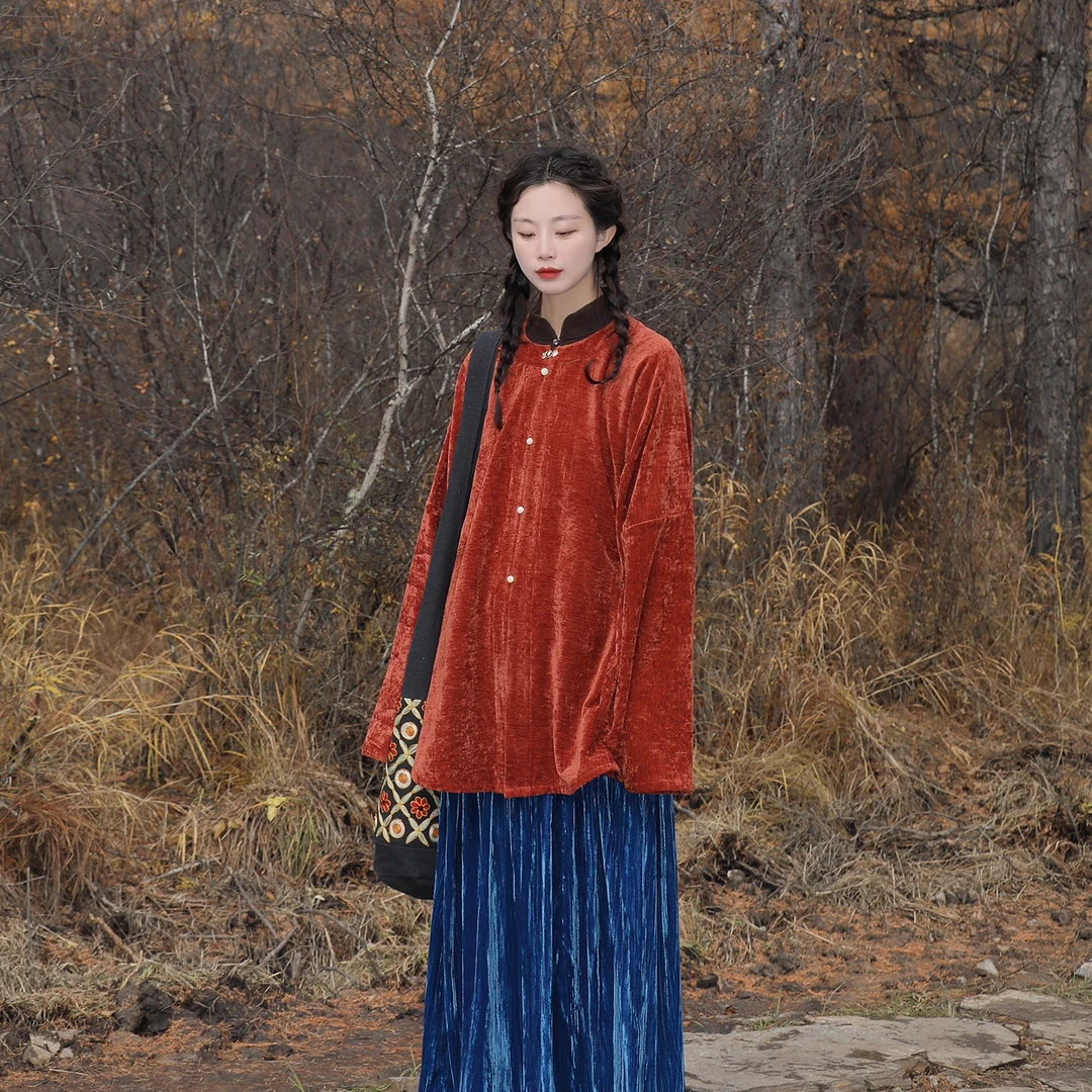 谜阿凰【飞花令】明制汉服上衣圆领对襟衫雪尼尔绒感秋冬女款日常
