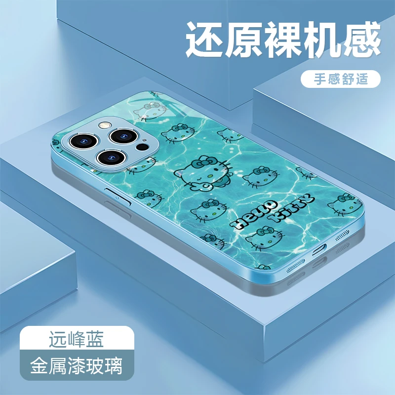 凯蒂猫蓝适用苹果16/华为P70/vivo/oppo金属漆玻璃防摔手机壳女款