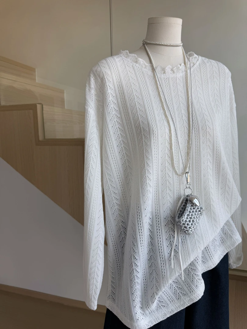 chalan  新款时尚百搭舒适休闲蕾丝领针织T恤H25C0020