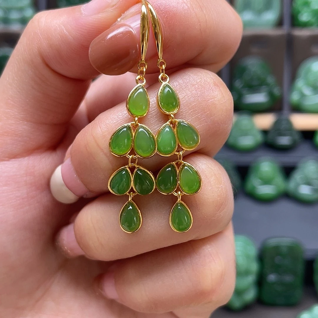 和田玉耳钩银S925镶嵌