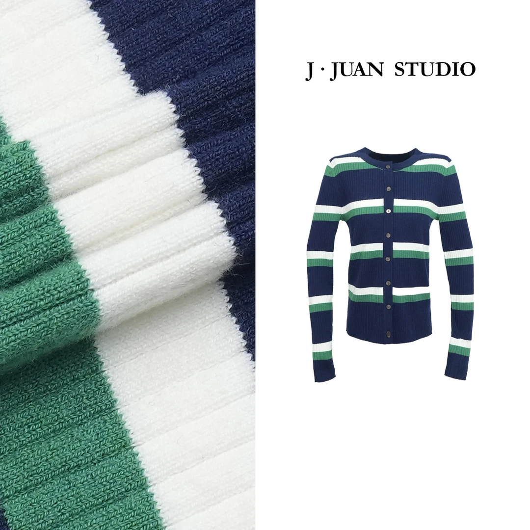 【J.Juan】莫奈花园-彩色条纹桑蚕丝羊毛开衫高个子女装毛衣针织衫