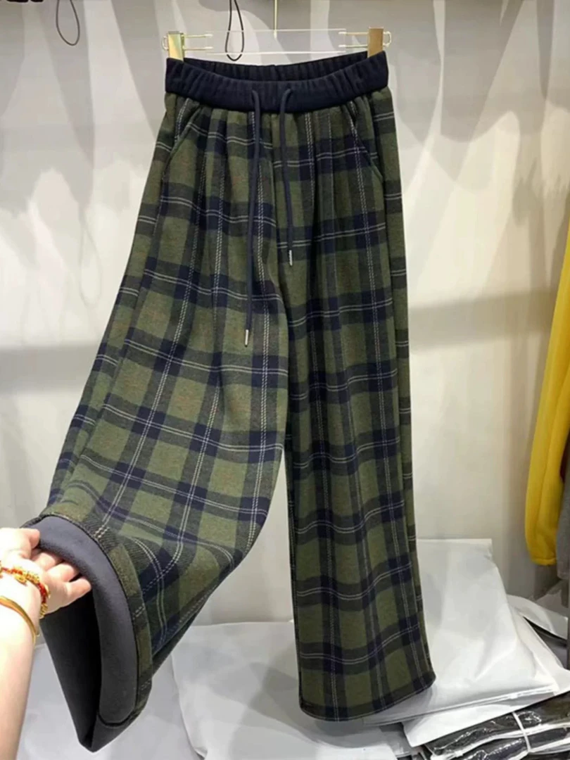 磨毛老钱风格子休闲裤百搭高腰夏季休闲宽松直筒裤加绒女士