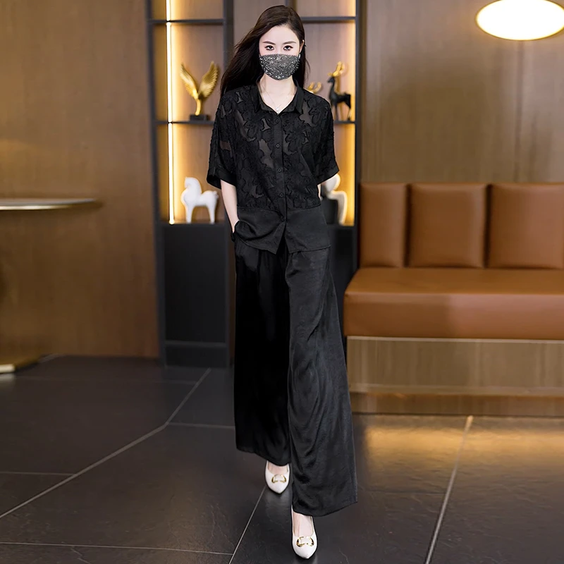 高端夏装新款时尚洋气显瘦遮肉衬衫胖妹妹两件套气质大码女装套装