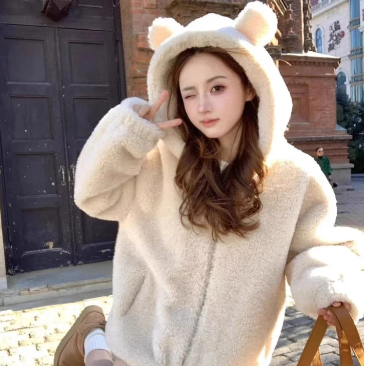 小熊耳朵连帽外套女冬季新款双面舒棉绒宽松保暖甜美可爱毛毛绒衫