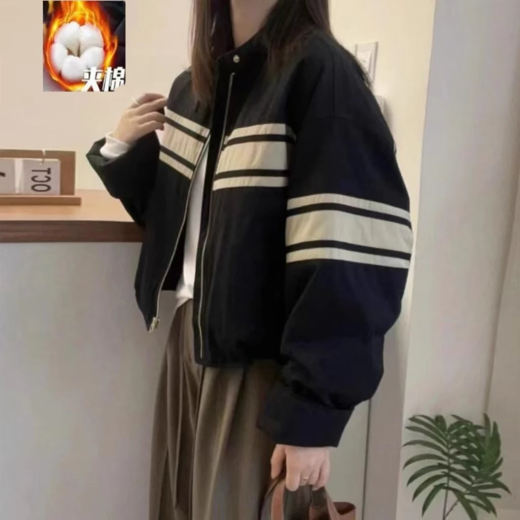 【加棉】加厚复古拼接短外套女秋冬新款时尚休闲宽松拼色棉衣上女