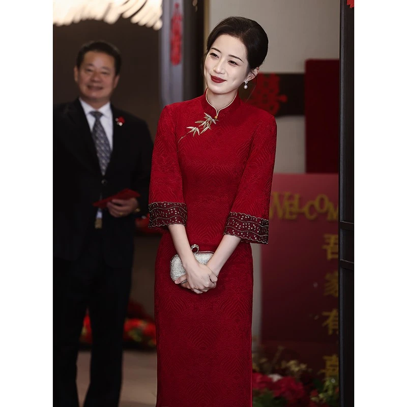 新中式红色妈妈旗袍喜婆婆婚宴装结婚礼服年轻喜服大尺码秋季中长