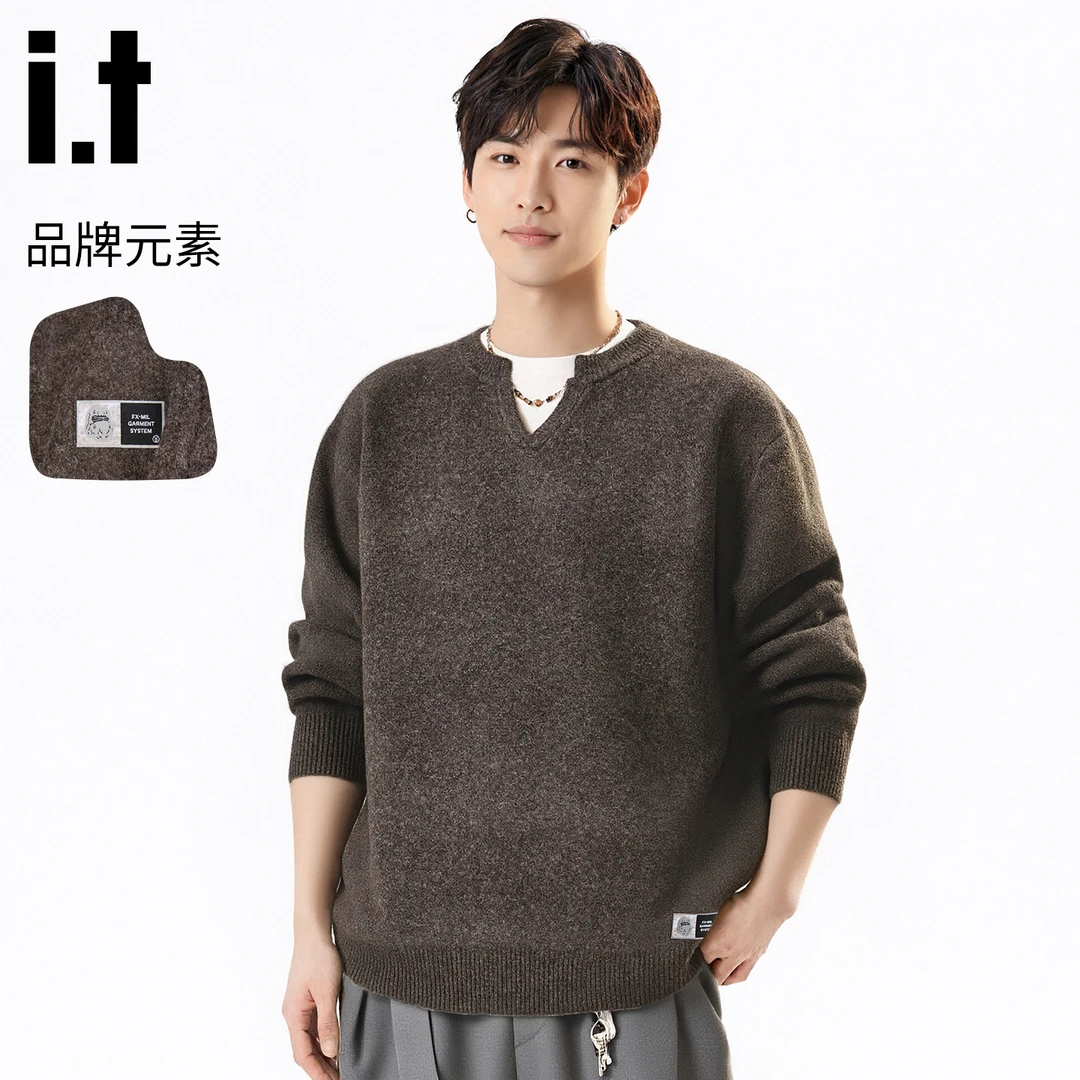 it:FINGERCROXX秋冬季V领套头毛衣男士宽松潮流百搭保暖针织衫男