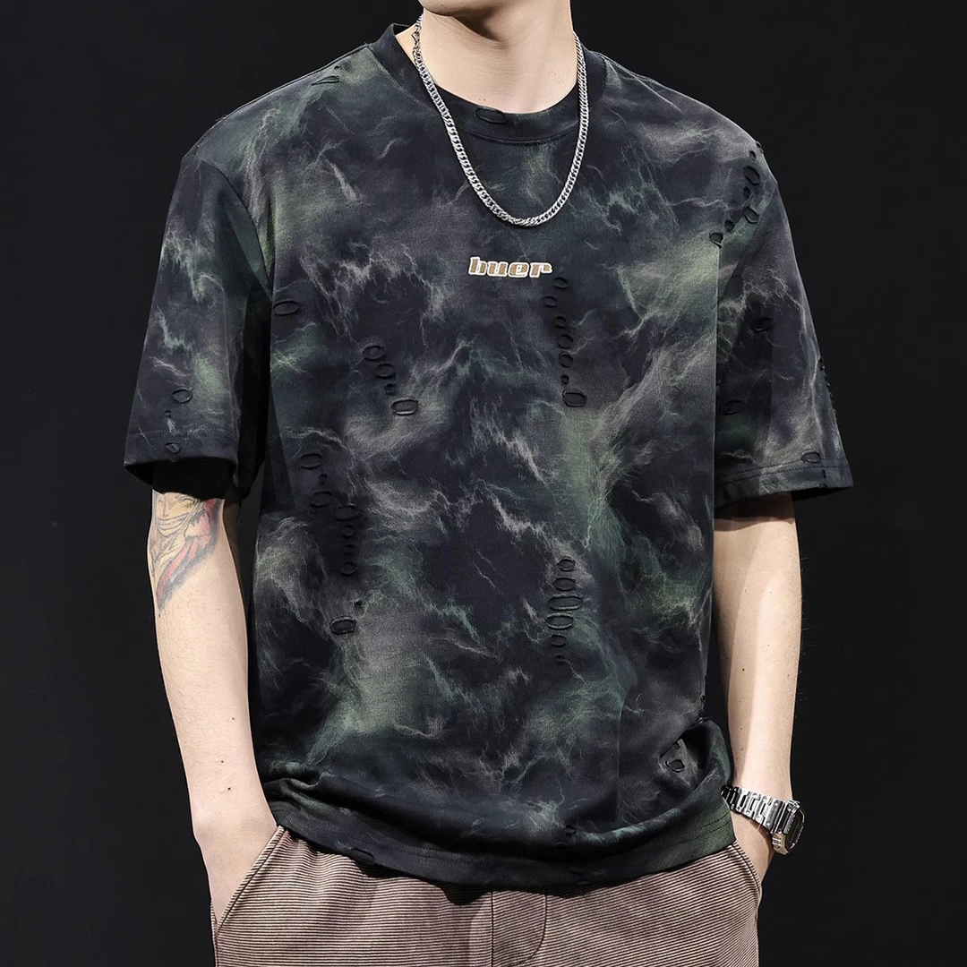 U&PURA美式复古破洞男士短袖宽松设计感休闲半袖T百搭舒适简约