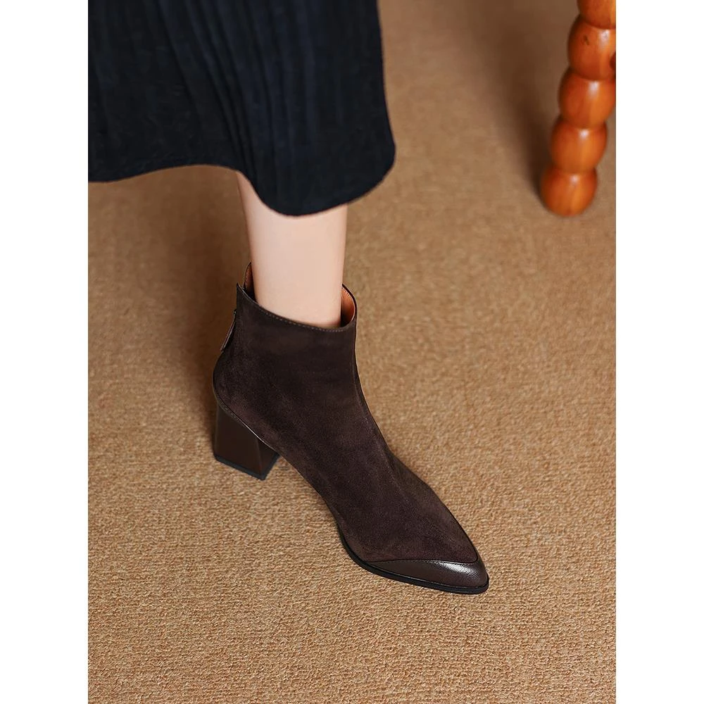 法式尖头显瘦粗跟羊反绒磨砂短靴2025秋冬新款加绒单靴子