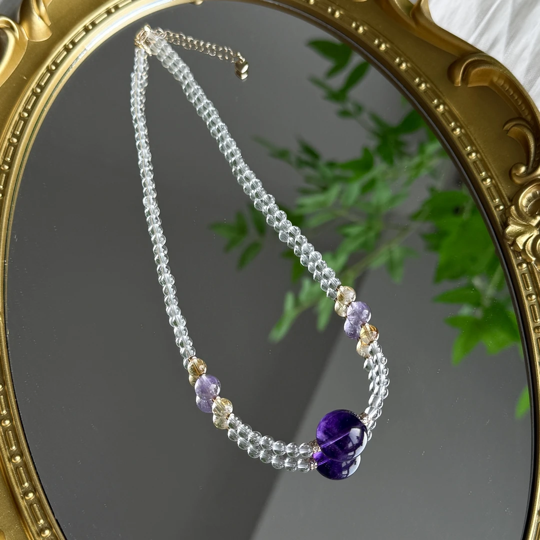 【晶闪闪】毕业级天然乌拉圭紫水晶15mm转运珠项链白水晶锁骨链Z246