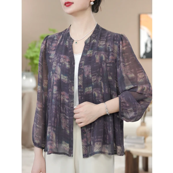 【涧蓝正品】夏季新款中老年女装印花九分袖衬衫女防晒衣大码上衣