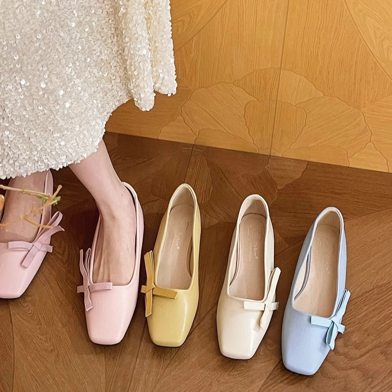 美猫汇真皮底法式晚风蝴蝶结单鞋低跟浅口鞋子2025年春夏晚晚鞋女
