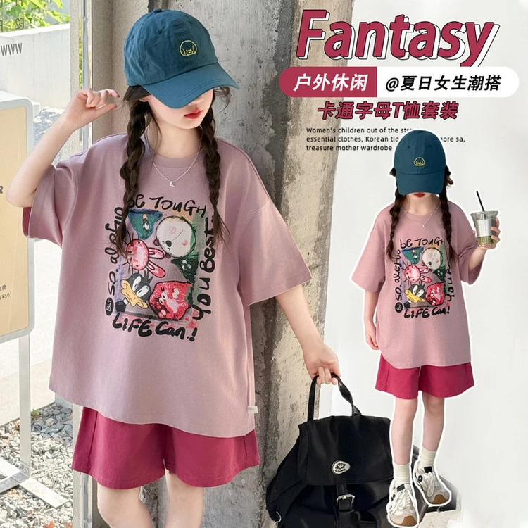 女童夏季卡通短袖t恤套装2025新款6-12岁15儿童洋气休闲中裤套装