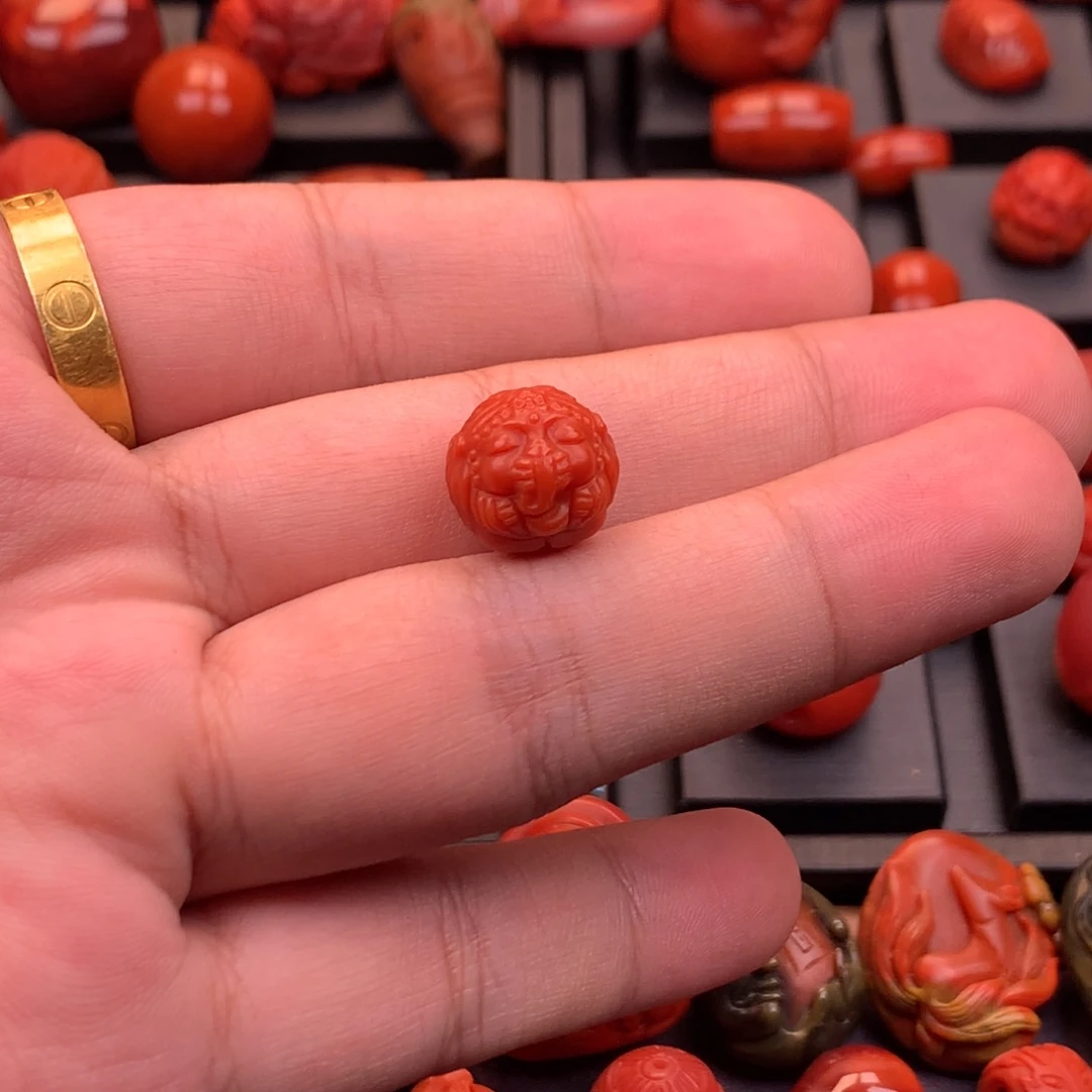 南红玛瑙未镶嵌南红精工雕刻象神圆珠13mm