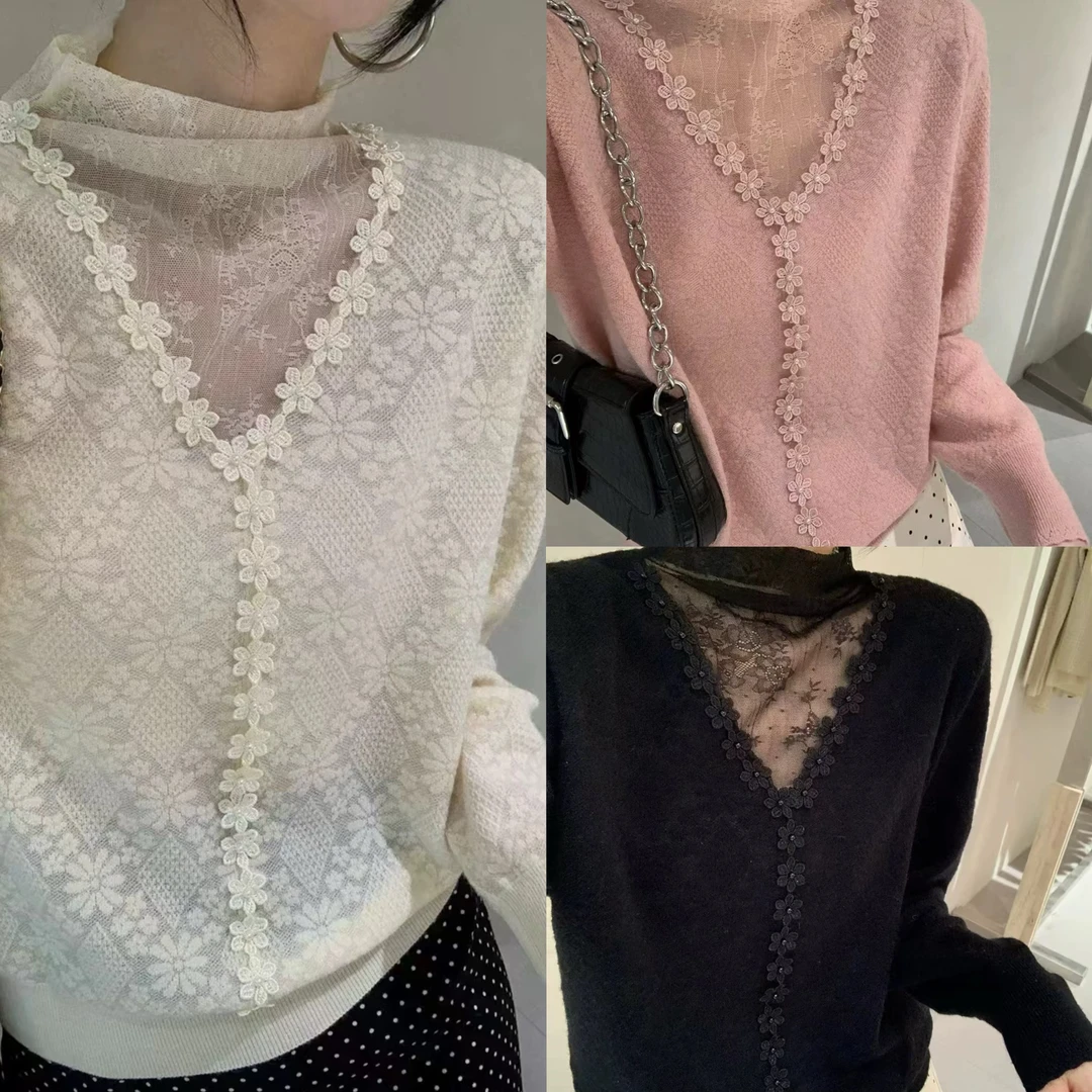 蕾丝半高领花朵气质百搭花边针织衫