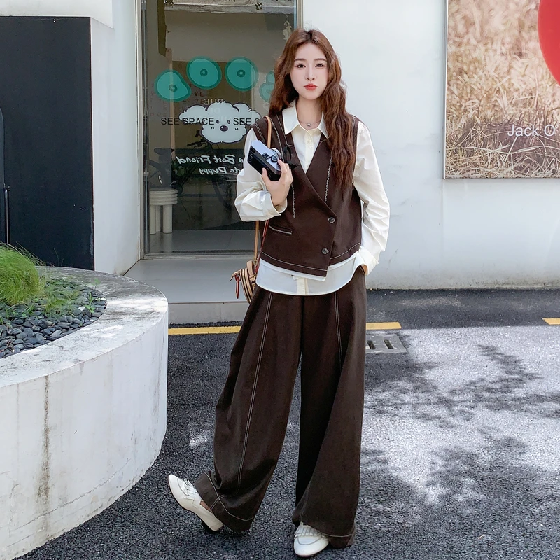 Vega轻熟风休闲衬衫咖色马甲阔腿裤套装2025秋款松弛感贵气三件套