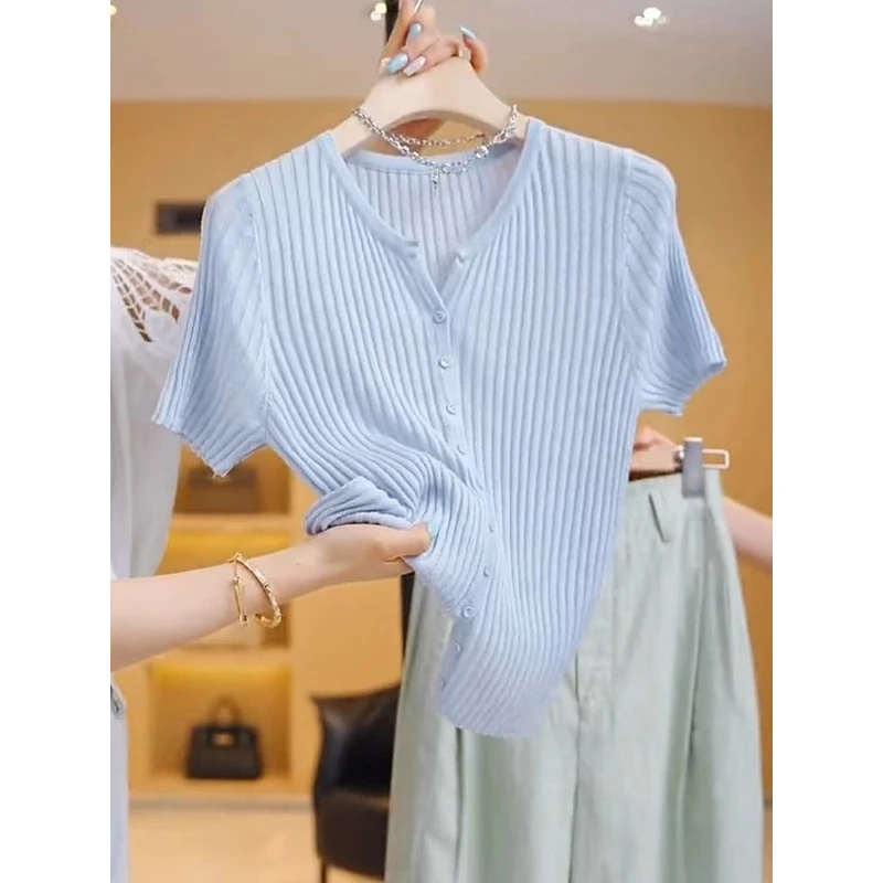 针织T恤薄款夏季设计开衫感百搭洋气新款遮肉显瘦针织衫短袖上衣