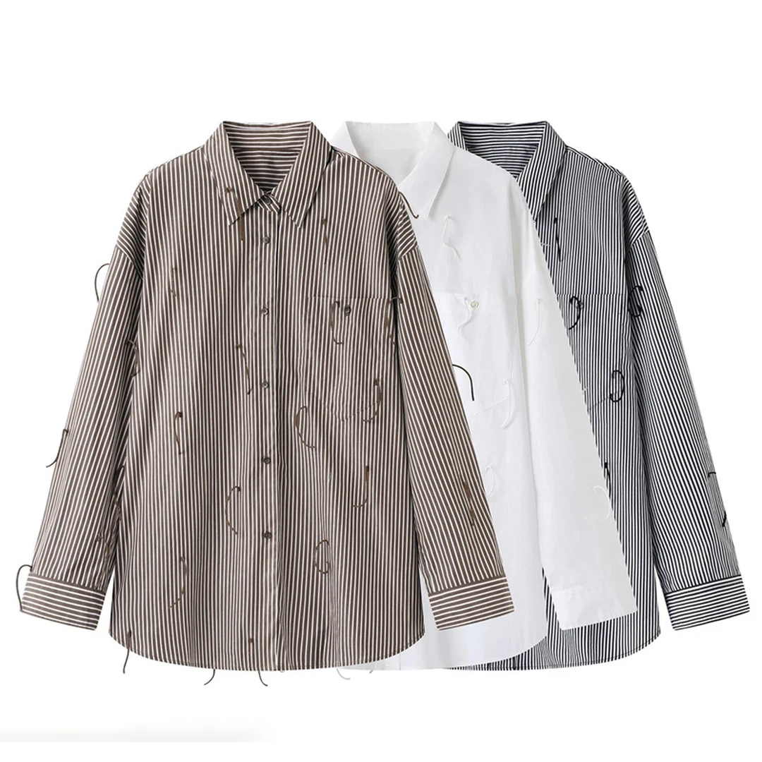 【弯钩流】2025女装宽松简约休闲条纹衬衫弯钩流苏小上衣3127