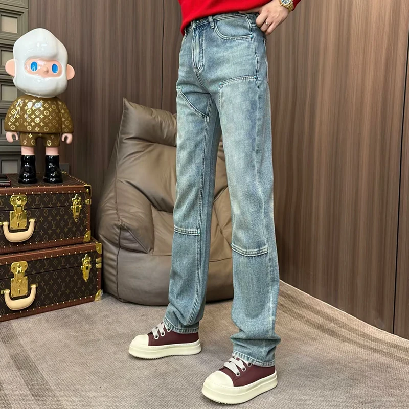 2025春季新款时尚休闲百搭净版绿松石小直筒男士水洗蓝牛仔裤360