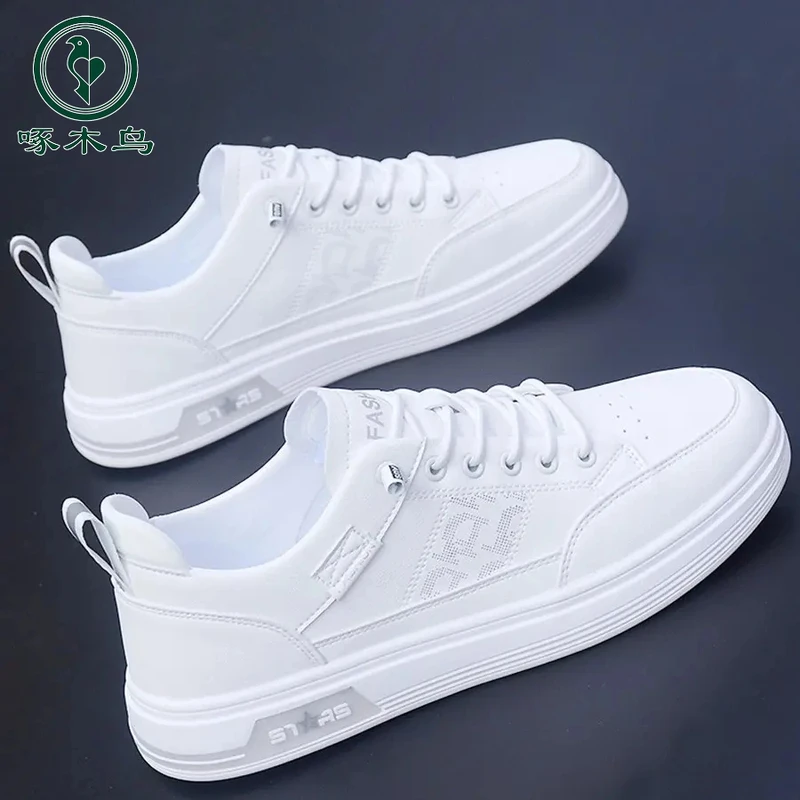 啄木鸟正品新款白色鞋子男平底潮鞋百搭男士一脚蹬小白鞋韩版透气