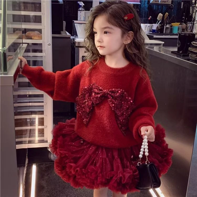 女童毛衣2024秋冬款圣诞红色蝴蝶结上衣宽松圆领针织衫tutu裙套装