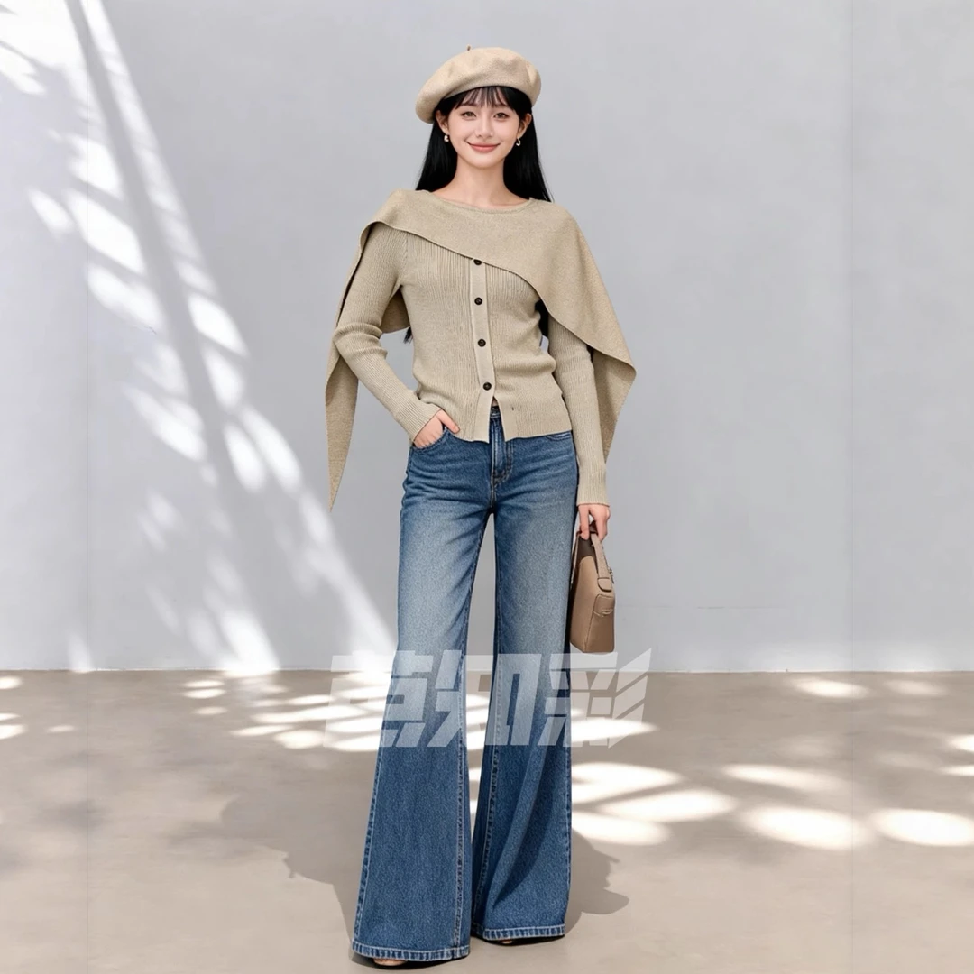 送腰带丨气质羊毛针织披肩上衣毛衣赫本新款黑色针织衫毛线衣9115