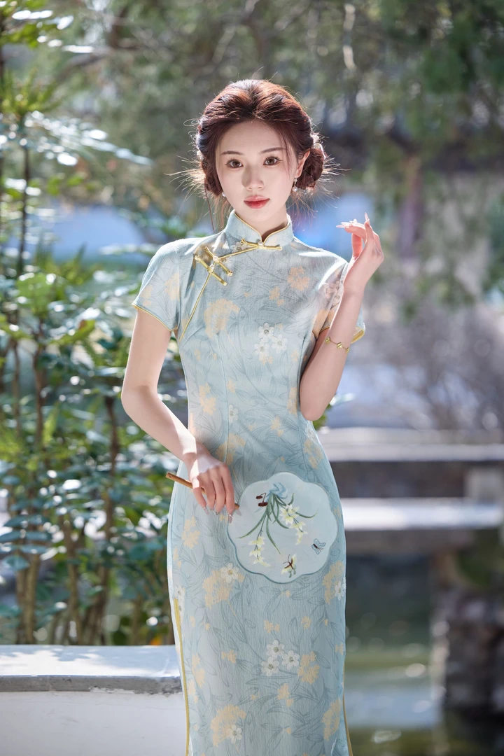 382 （衣长110）小个子新中式修身连衣裙春夏季年轻日常清新旗袍