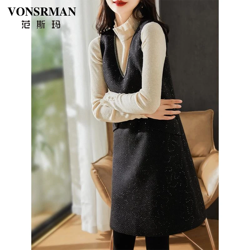 羊毛小香风亮片洋装V领马甲裙女2025年春季无袖毛呢背心裙长袖