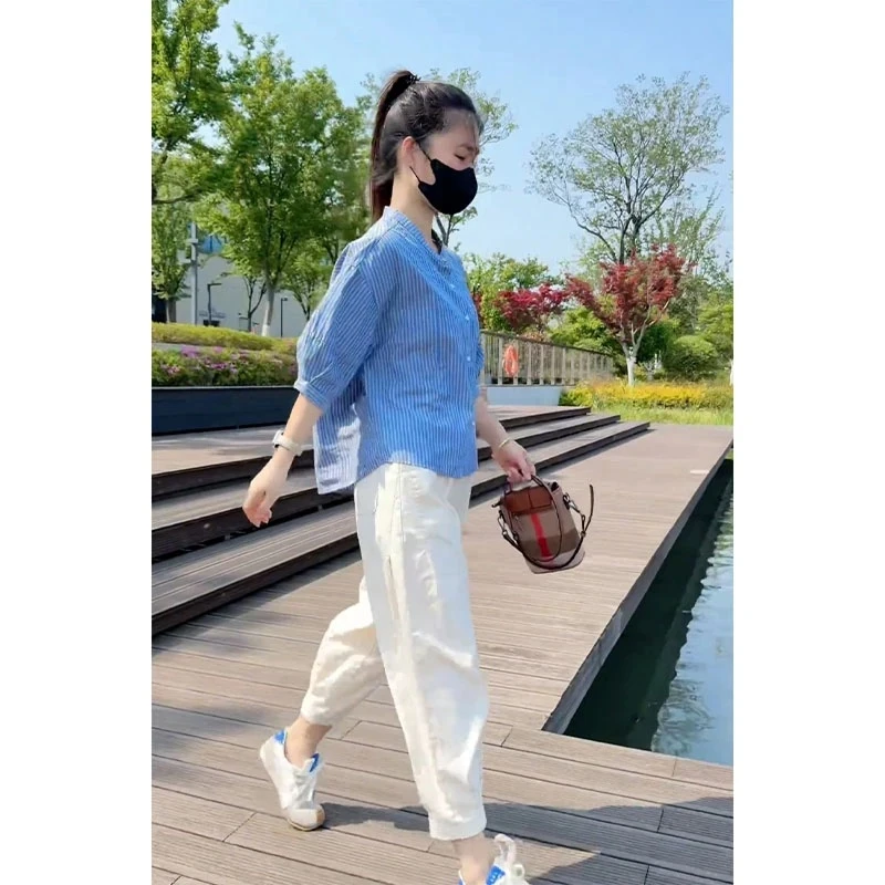 夏装穿搭一整套高级感时尚条纹衬衫休闲裤小个子网红炸街女装套装