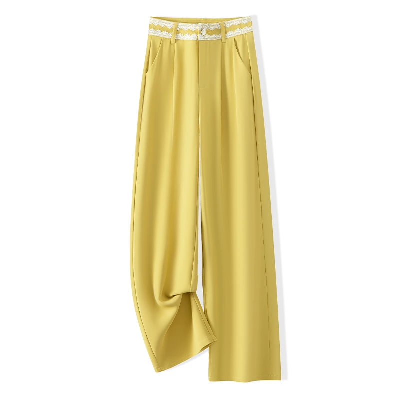 夏季高腰阔腿裤女爆款薄款直筒裤2025新款高腰垂感蕾丝拼接筒裤