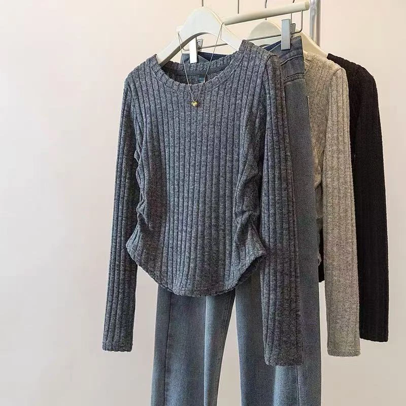 9236灰色抽褶长袖打底衫女2025秋冬新款修身显瘦百搭上衣内搭外穿