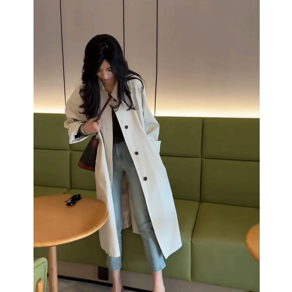 韩版时尚风衣外套女2025春新款松弛感通勤百搭双排扣长款大衣潮