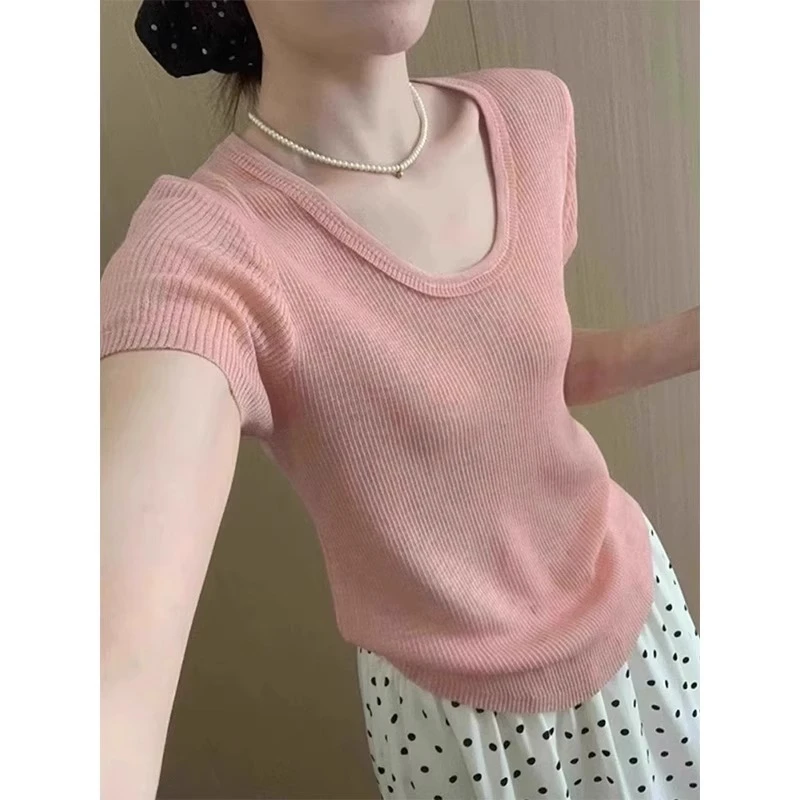 芯娇晴韩系粉色u领短袖针织衫女夏季穿搭正肩修身薄款冰丝t恤上衣