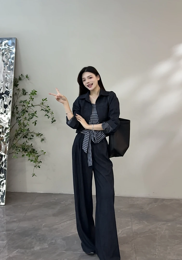 【苏苏】秋季新款格子吊带牛仔衬衫外套套装慵懒休闲裤三件套DT1569