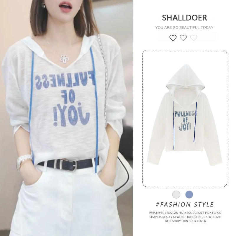 2025夏季新款字母印花连帽防晒T恤女士百搭时尚显瘦百搭长袖上衣