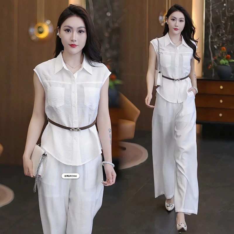 时尚套装女2025夏季新款洋气显瘦无袖衬衫上衣阔腿裤百搭两件套潮