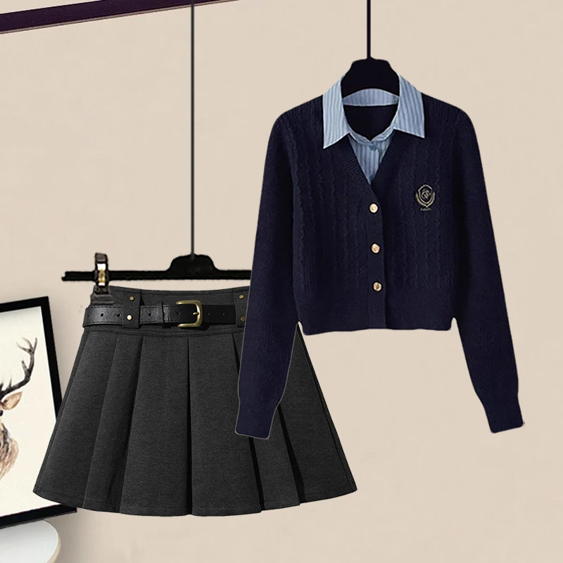 2025新款小众炸街女装甜酷学妹穿搭假两件针织开衫高腰百褶裙套装