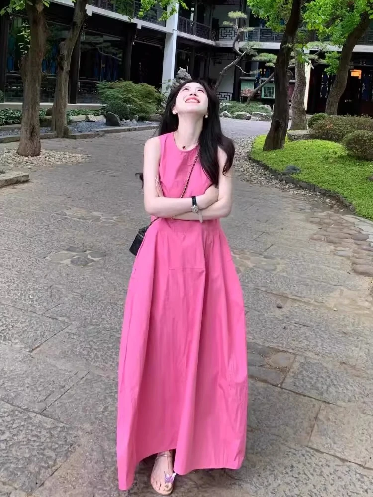 玫粉色无袖连衣裙女夏季大码微胖mm宽松多巴胺穿搭减龄漂亮长裙子