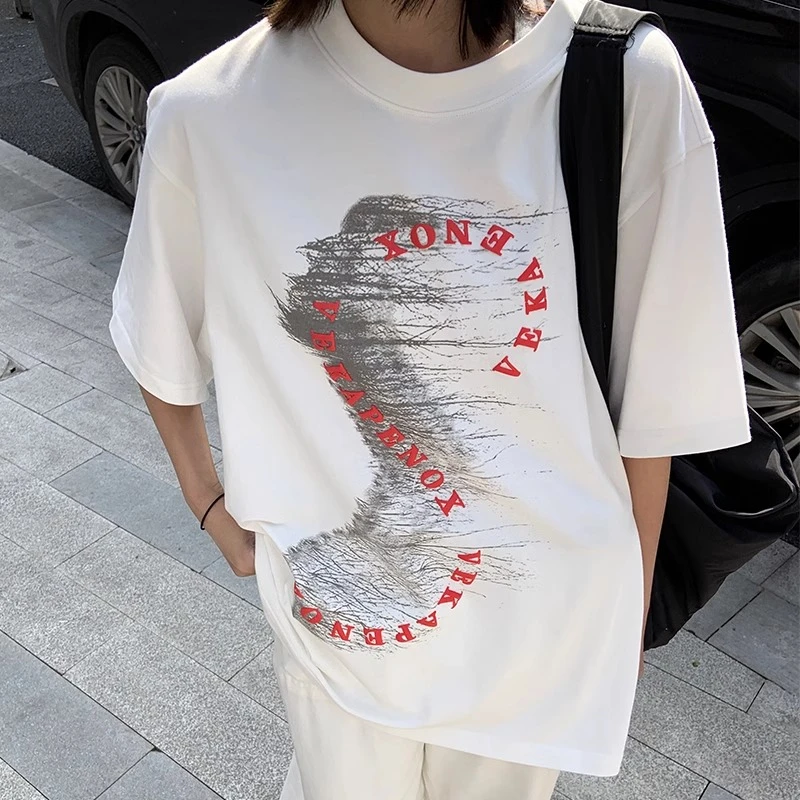 原创抽象印花纯棉t恤百搭短袖宽松街头ins国潮牌男女同款半袖上衣