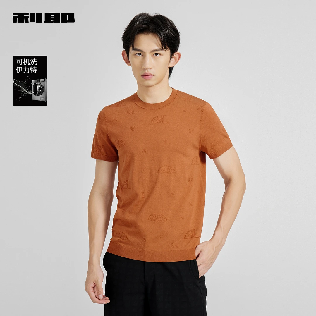 商场同款【可机洗】利郎官方 针织短袖T恤男士休闲圆领提花2025夏