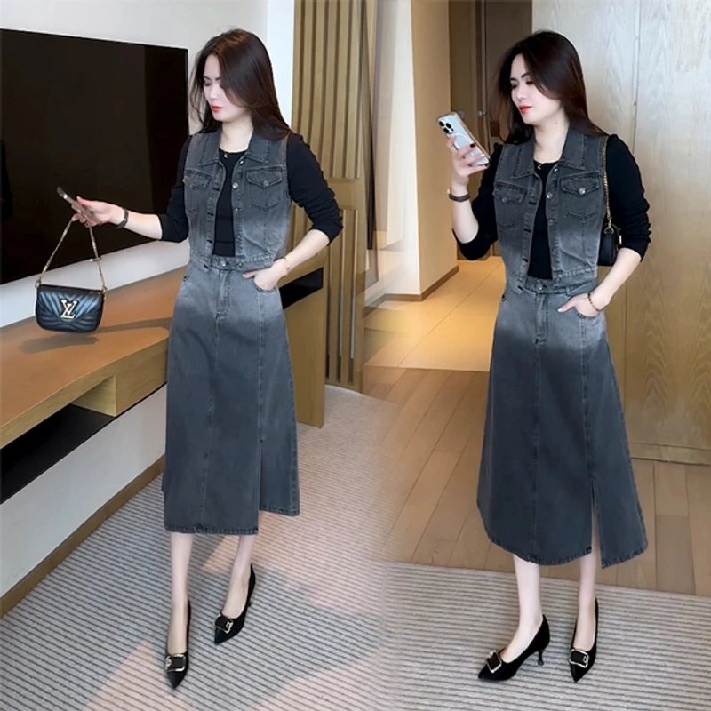 春秋新款时尚洋气气质休闲显瘦洋气减龄马甲牛仔套装宽松韩版