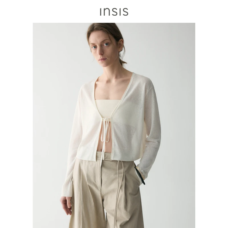 INSISFEMME亚麻棉2025夏季新款薄款自然卷边系带针织开衫女