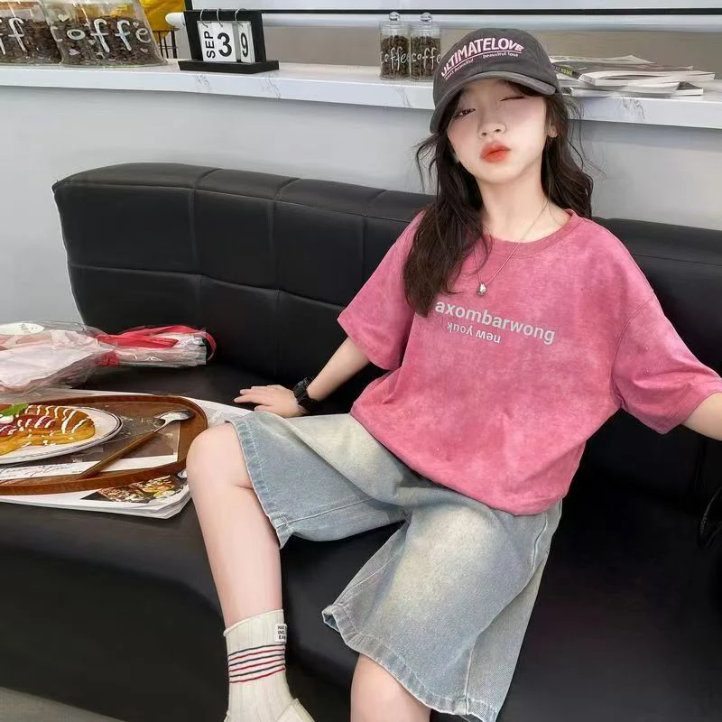 女童夏套装2025新款洋气大童女孩短袖T恤儿童夏季牛仔短裤两件套
