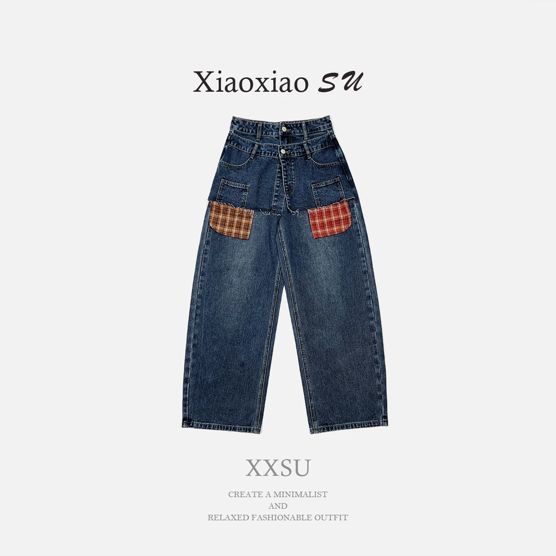 小小苏-小蔓-直筒裤复古手工宽版牛仔裤秋季潮流脏脏风;ECF12016