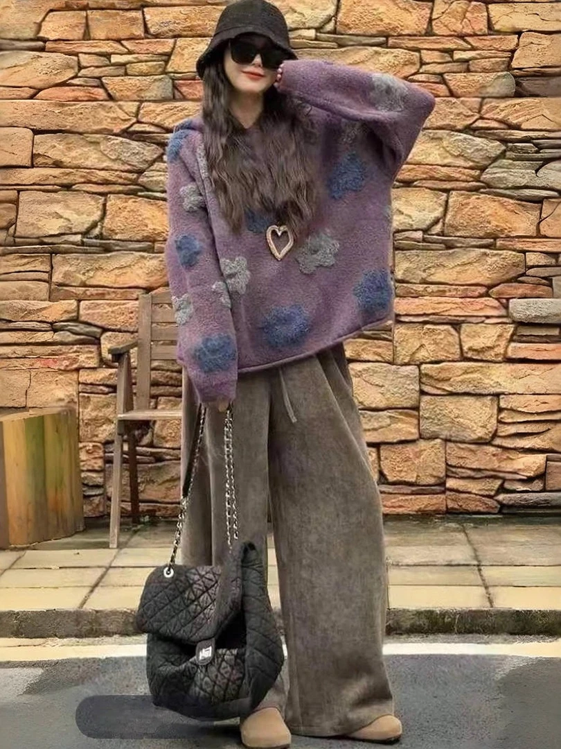 早秋2025新款韩系花朵刺绣紫色毛衣慵懒风休闲阔腿裤百搭两件套