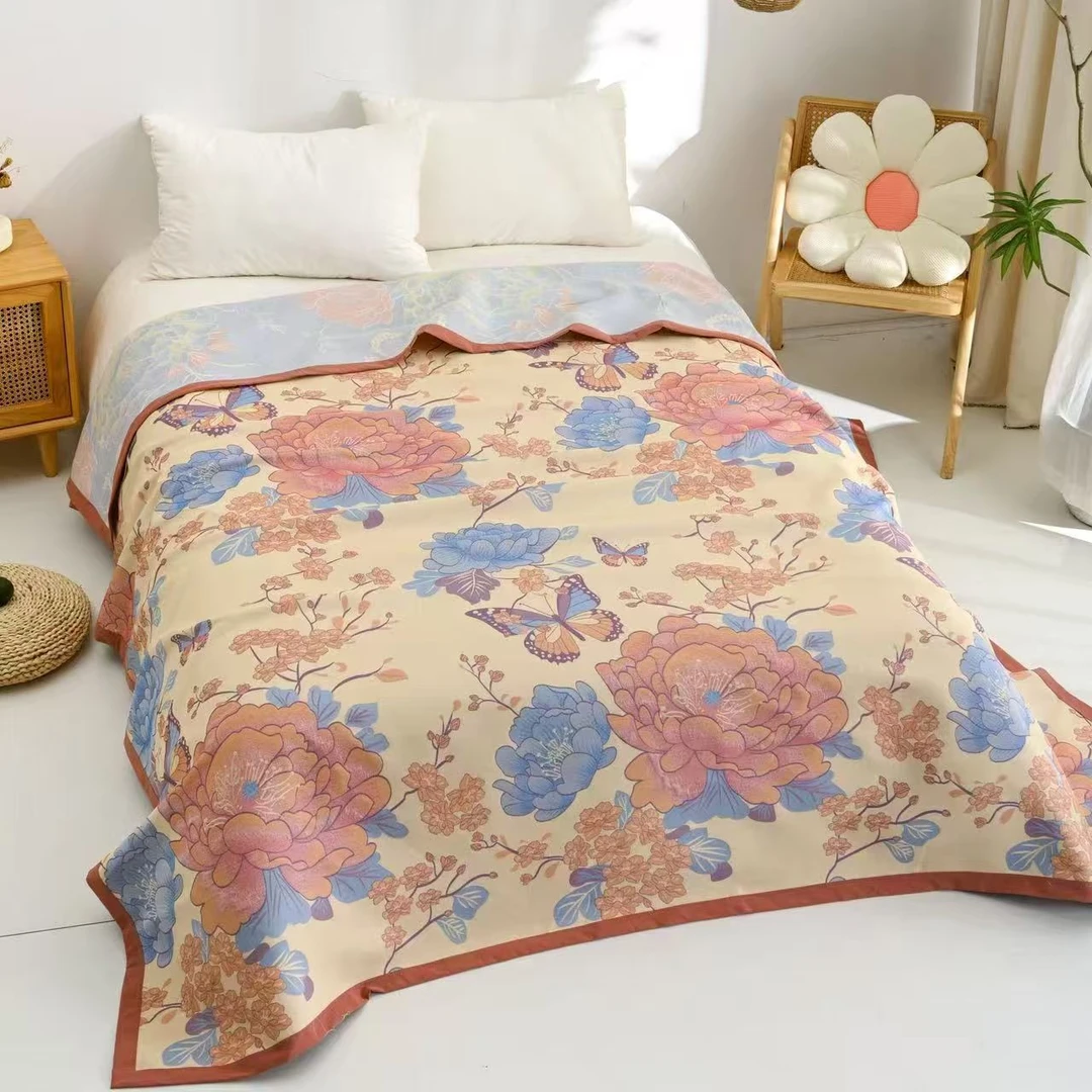 【原装正品 米兰一品】莱赛尔天丝四季床盖盖毯230*250-翩翩花朵