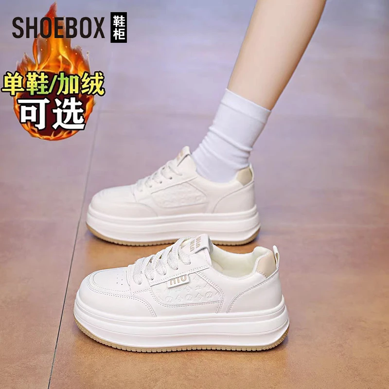 SHOEBOX鞋柜加绒小白鞋女鞋子爆款2025新款韩版百搭保暖运动棉鞋