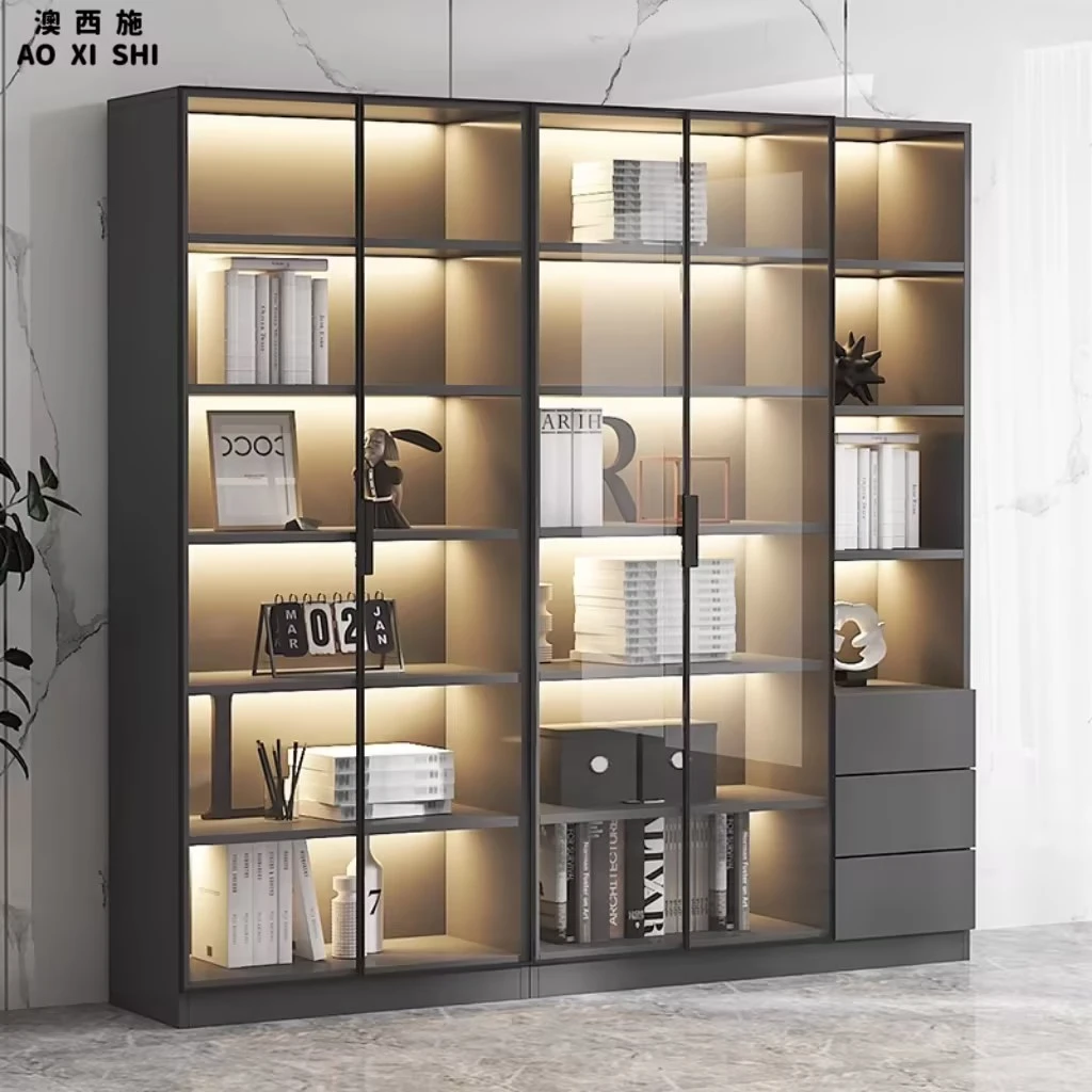澳西施书柜带玻璃门展示酒柜轻奢可定制家用客厅一体整墙实木书柜