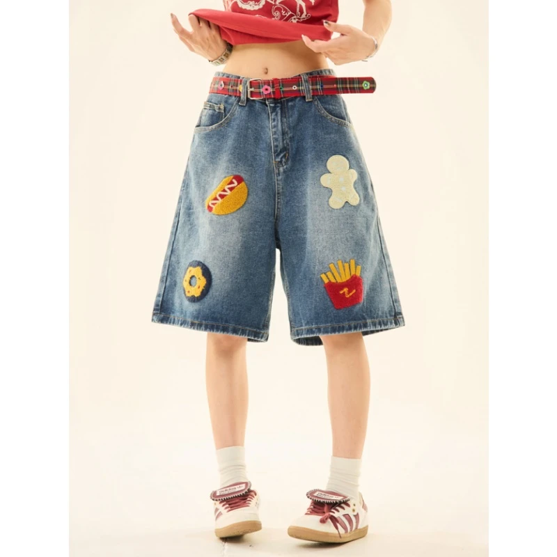 美式复古汉堡薯条毛巾绣牛仔短裤男女夏季潮流阔腿宽松直筒五分裤