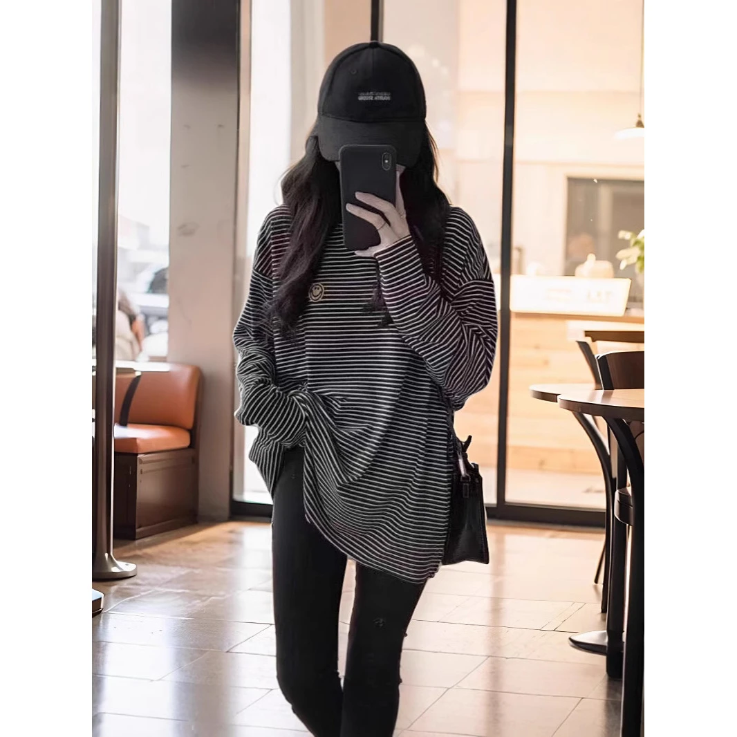 韩系黑白条纹打底衫女显瘦洋气百搭欧货宽松设计感配鲨鱼裤上衣